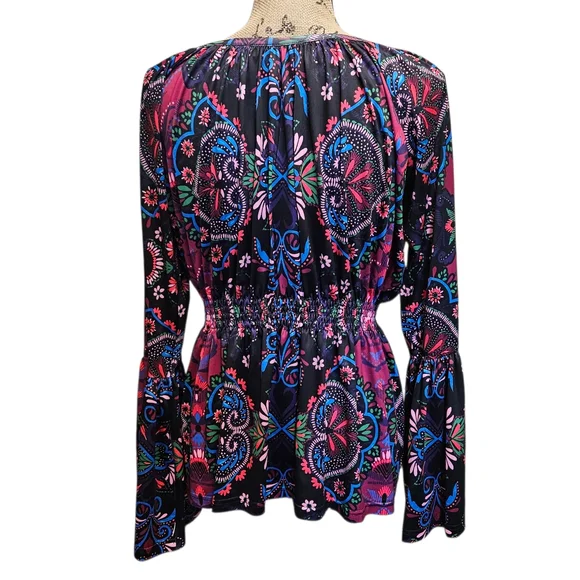 Boston Proper Vibrant Boho Floral Long Sleeve Blouse Bell Cuffs - Picture 6 of 13